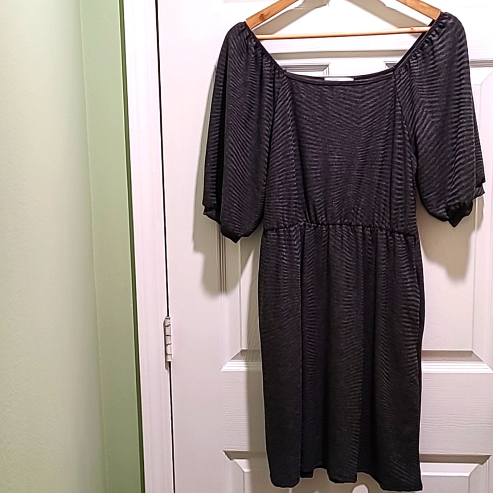 Charcoal Grey Puff Sleeve Dress w/Pockets
